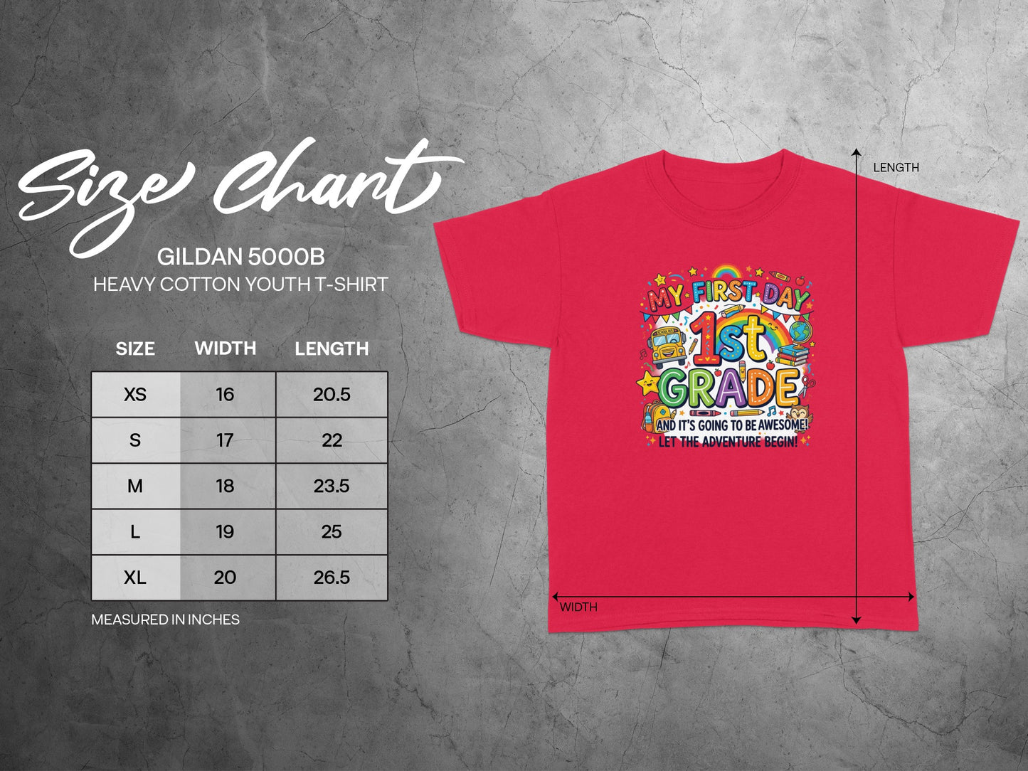 Gildan 5000B youth t-shirt size chart with width and length measurements.