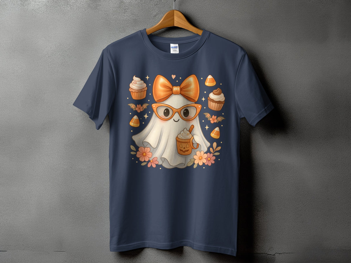 Ghost in glasses with bow, holding coffee, surrounded by cupcakes and candy corn.