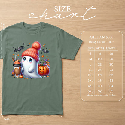 Ghost with pumpkin and coffee, Gildan 5000 Heavy Cotton T-shirt size chart.