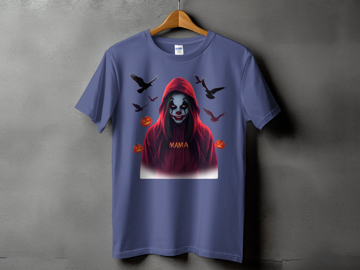 T-shirt with clown graphic, birds, pumpkins, and "Mama" text.