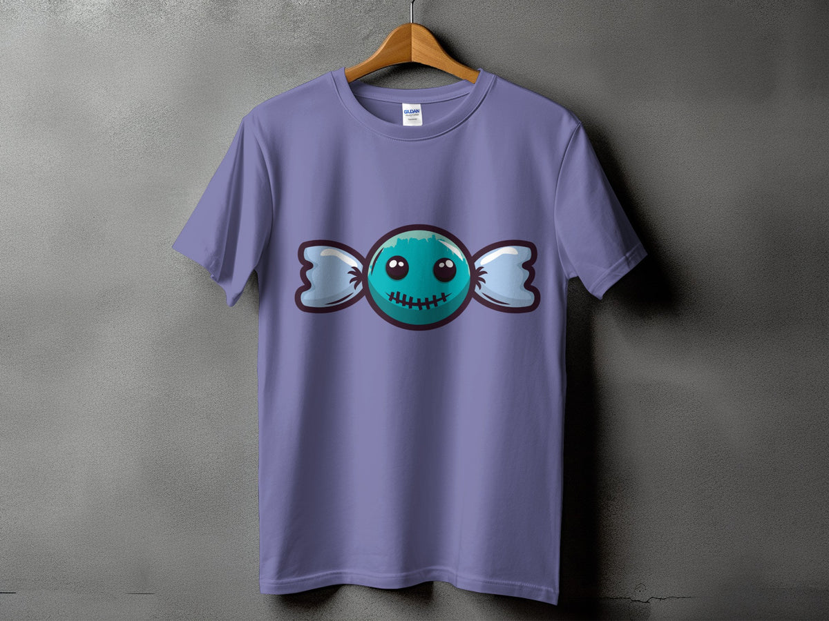 Purple t-shirt with a cartoon teal candy graphic with stitched mouth.
