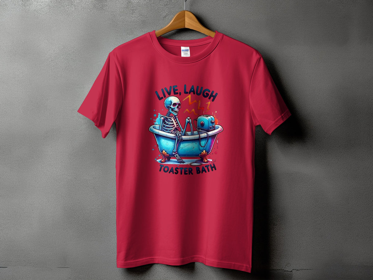 Red t-shirt with skeleton in bathtub graphic and text "LIVE, LAUGH TOASTER BATH".