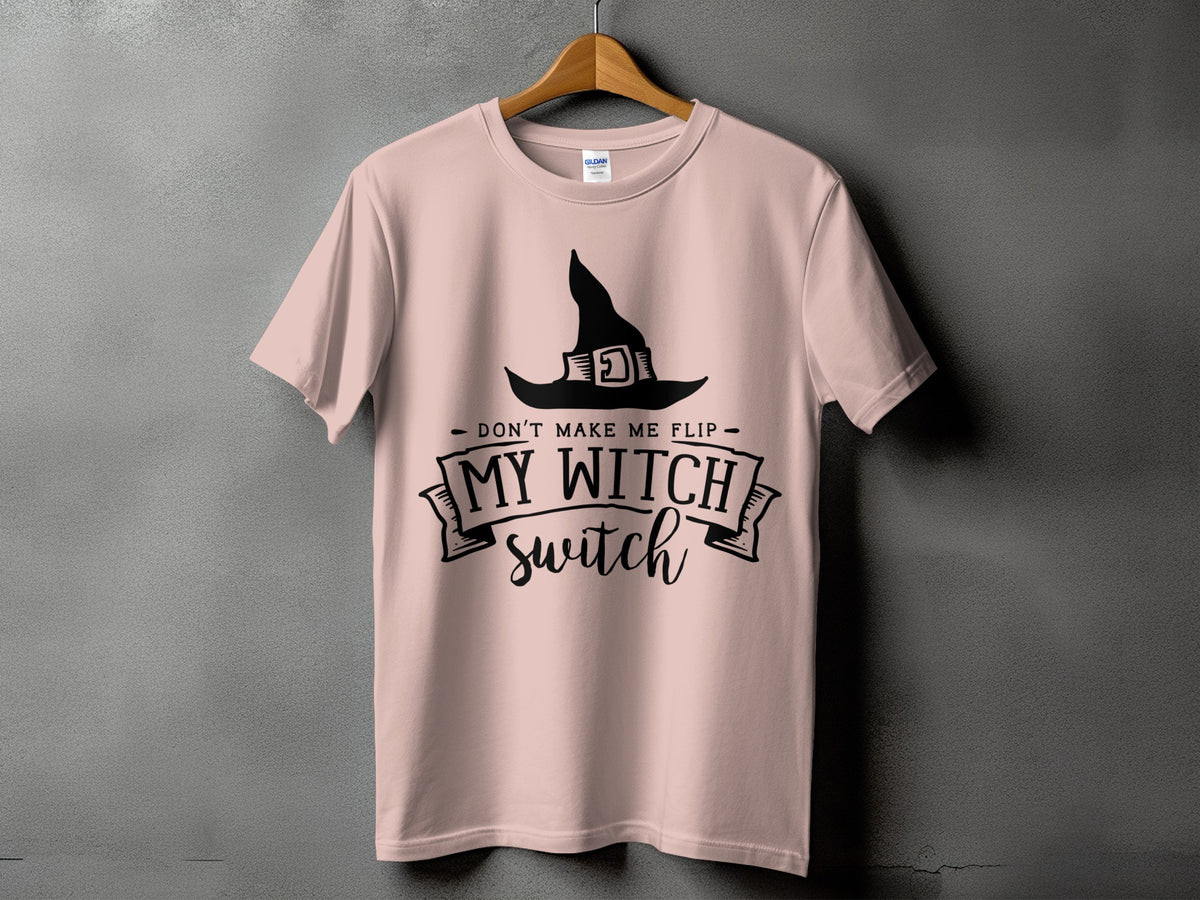 Pink t-shirt with a witch hat and "My witch switch" text.