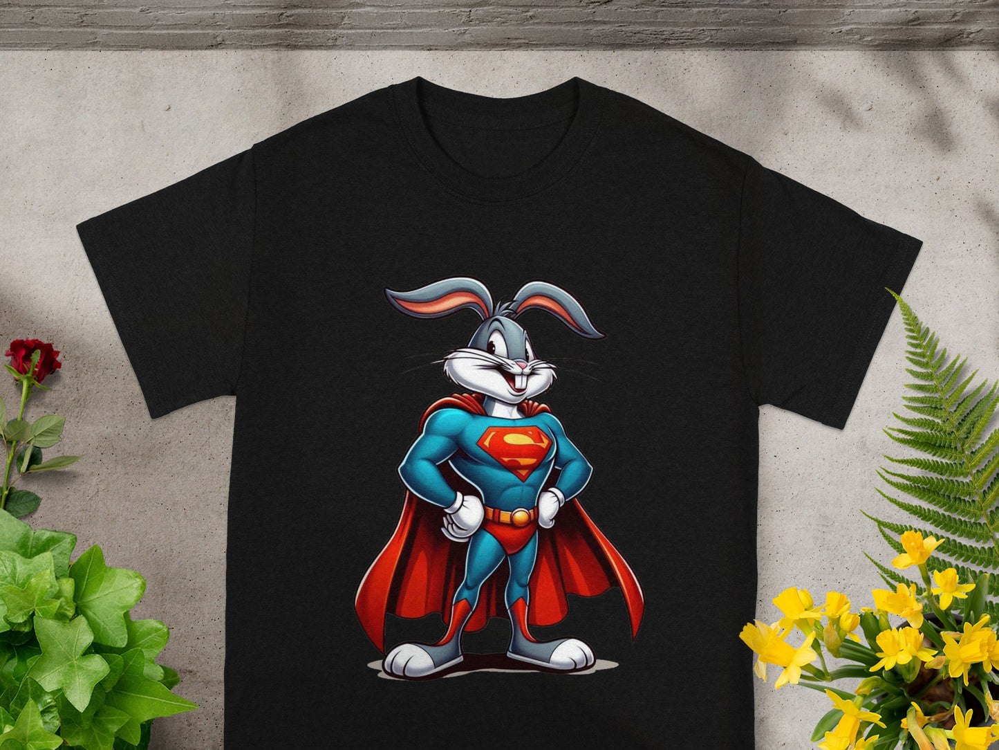 Black t-shirt with Bugs Bunny in a Superman costume.