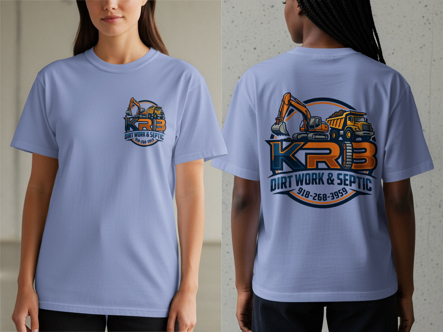 Light blue t-shirt with KRB logo, excavator, dump truck, and phone number 918-268-3959.