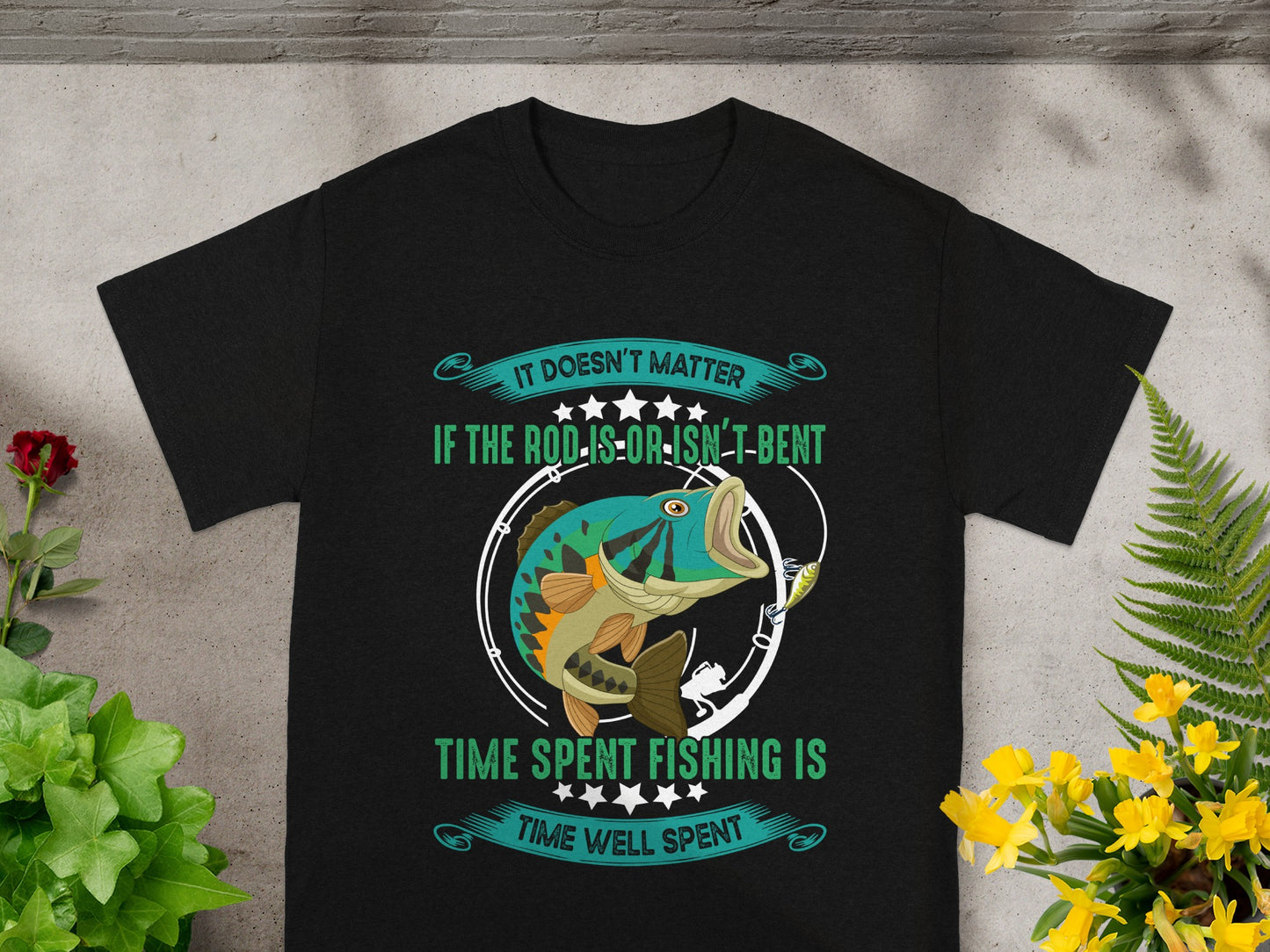 Black t-shirt with "Time Spent Fishing Is Time Well Spent" fishing graphic.
