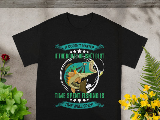 Black t-shirt with "Time Spent Fishing Is Time Well Spent" fishing graphic.