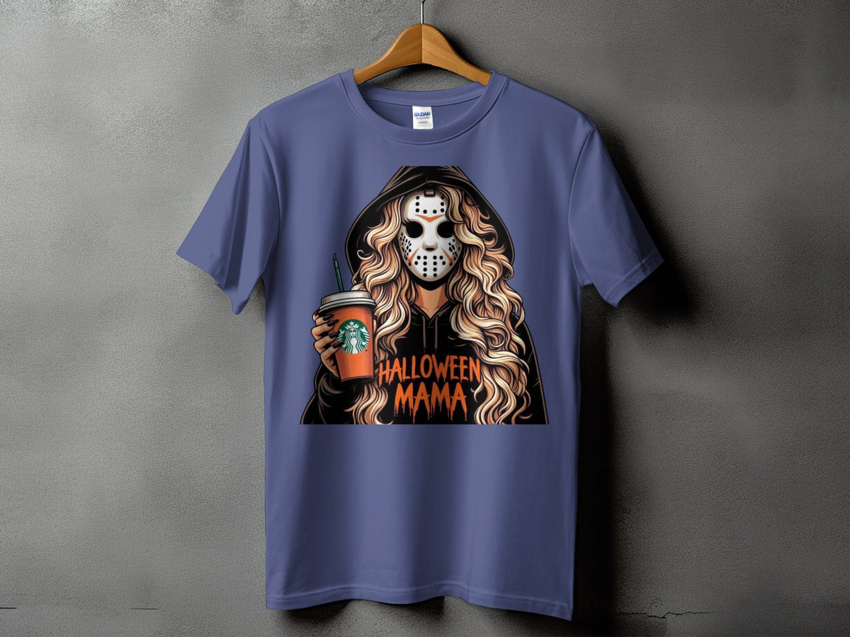 T-shirt graphic of a woman in a hockey mask holding a coffee cup with "Halloween Mama" text.