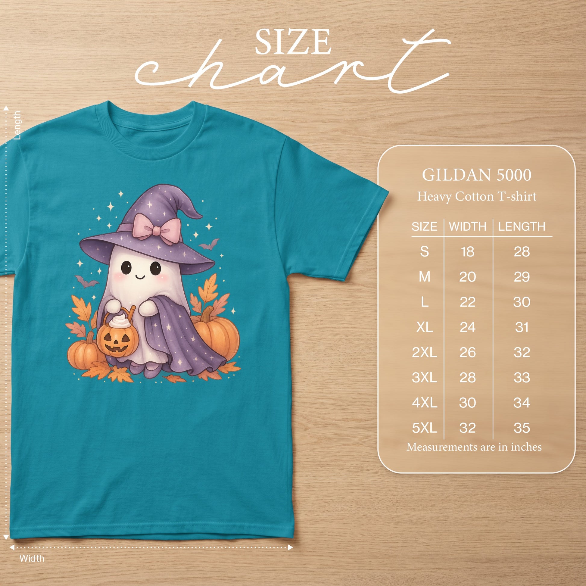GILDAN 5000 Heavy Cotton T-shirt size chart with ghost graphic.