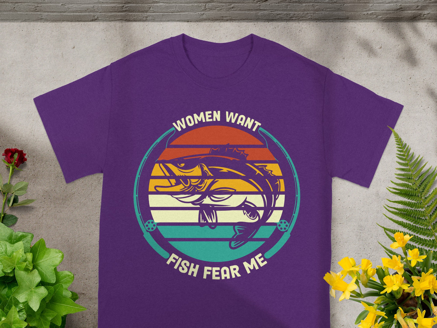Purple t-shirt with fishing graphic and text "Women want fish fear me".
