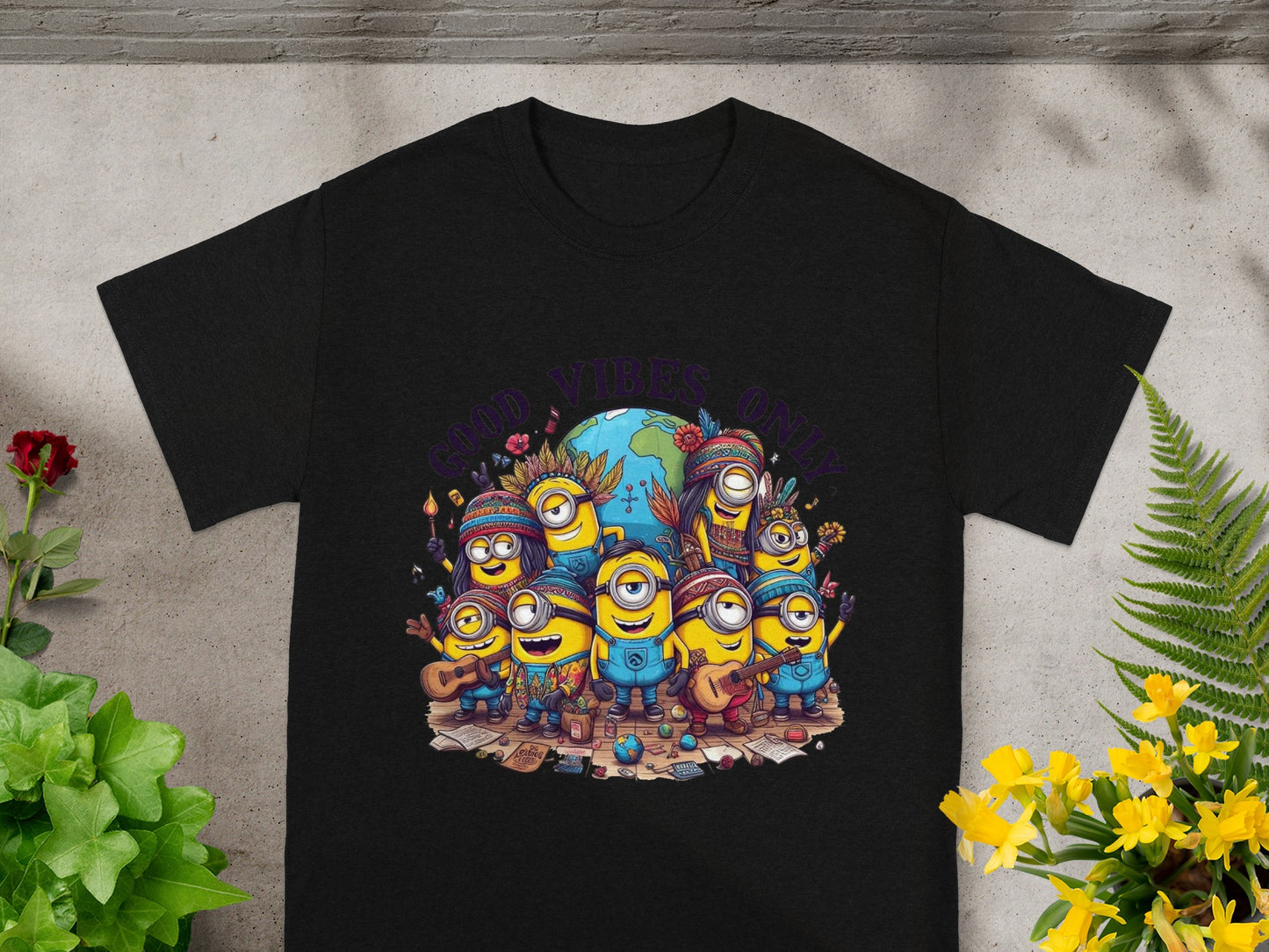 Black t-shirt with Minions wearing bohemian clothes with "GOOD VIBES ONLY" text.