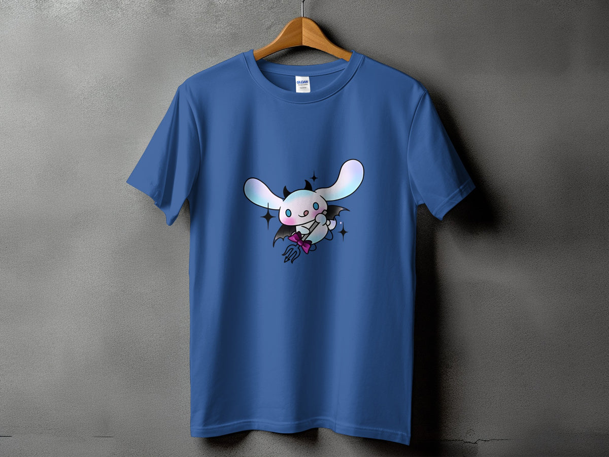Blue t-shirt with a cartoon character dressed as a devil, holding a trident.