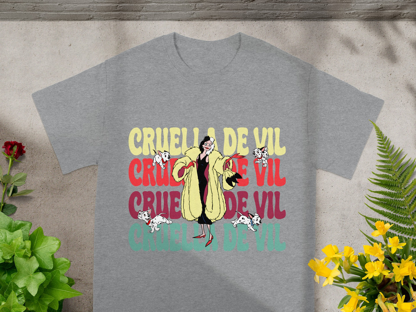Cruella De Vil with Dalmatians and text.