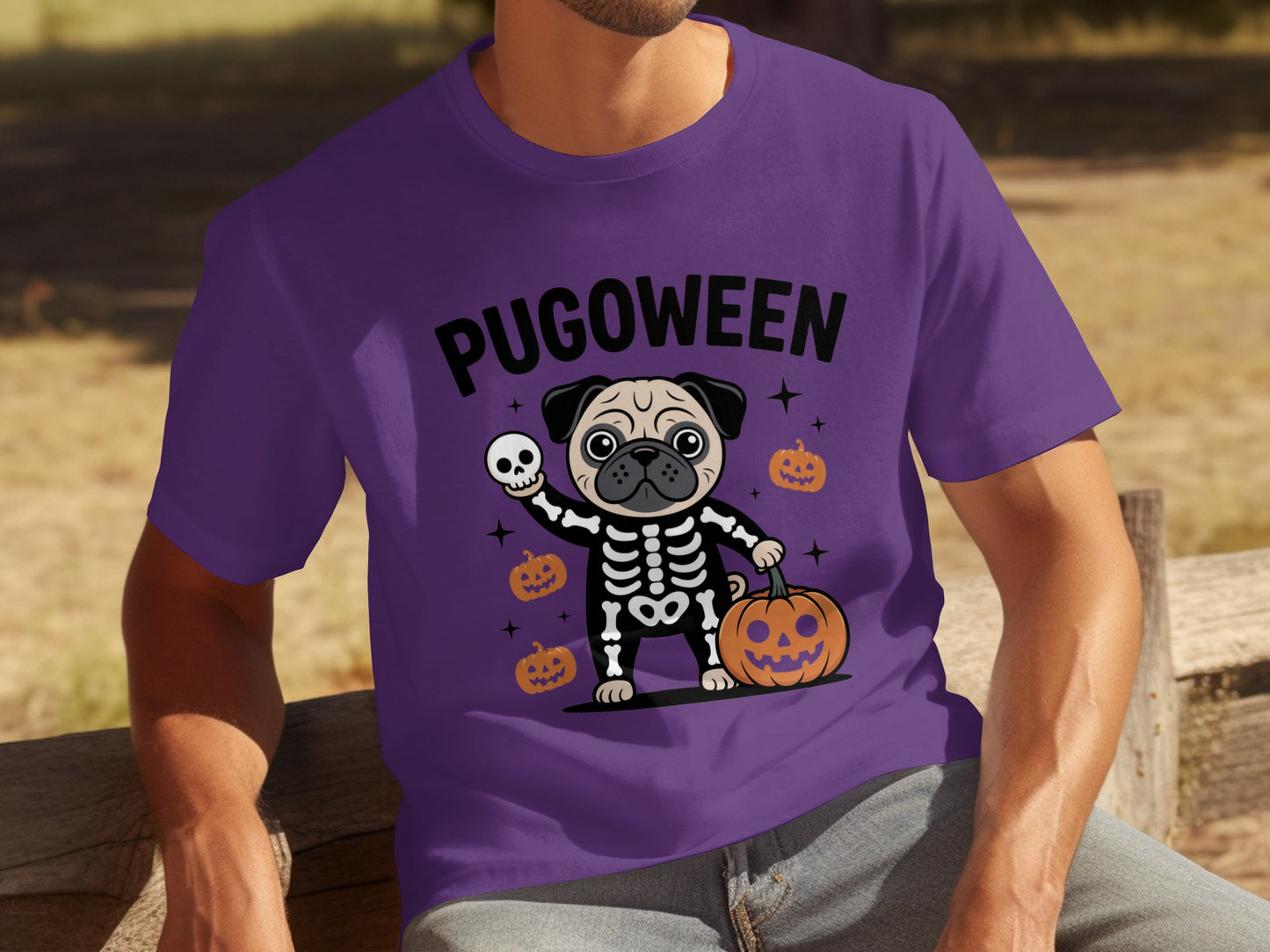 Pugoween Skeleton Pug Halloween Graphic T-Shirt