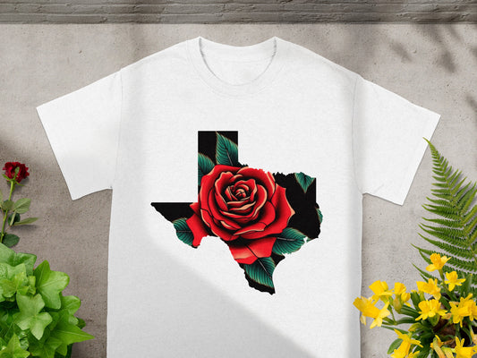 White t-shirt with Texas silhouette filled with a red rose and green leaves.