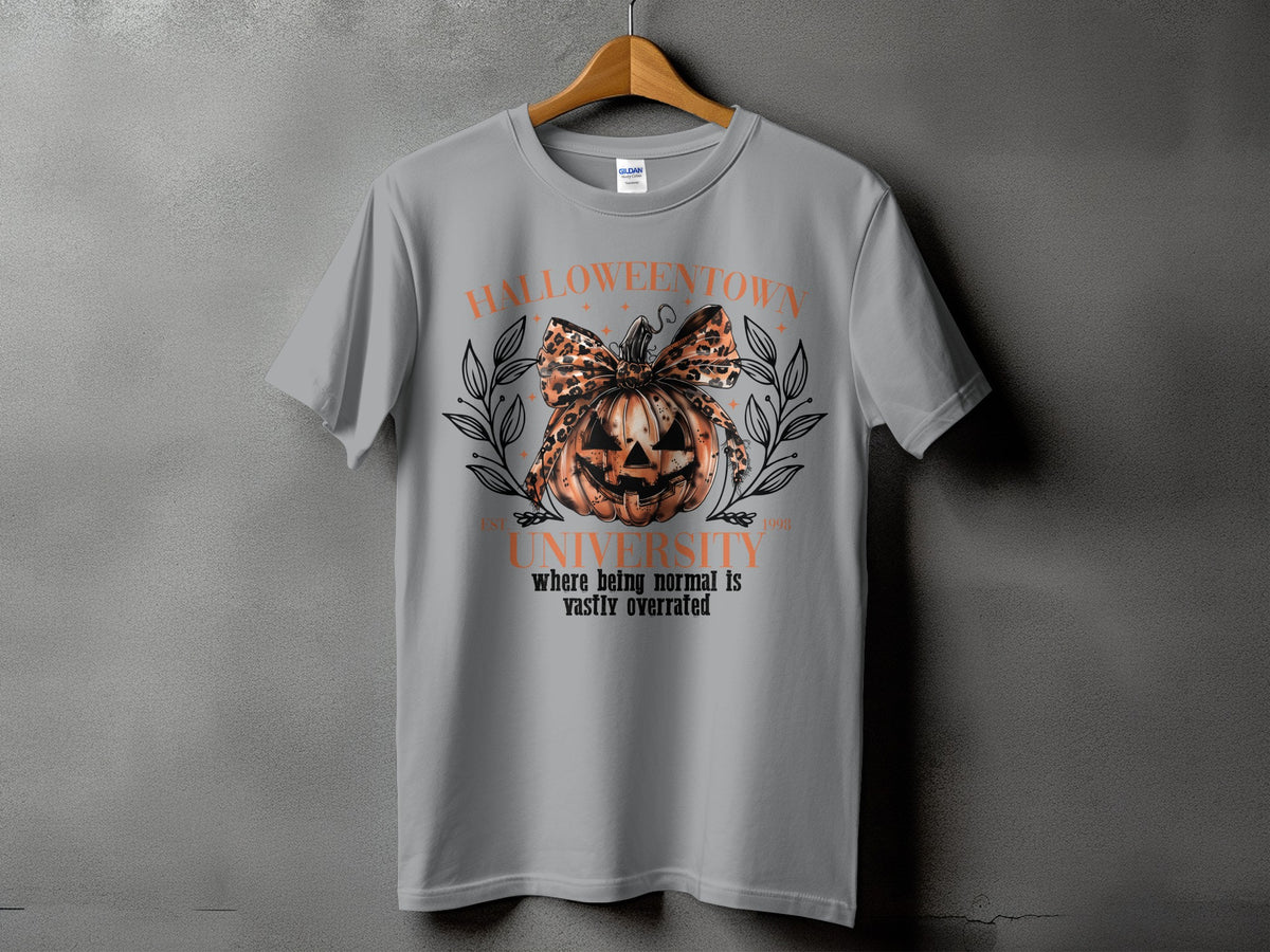 Grey t-shirt with a Halloween graphic featuring a pumpkin with a leopard print bow and the text "Halloweentown University".