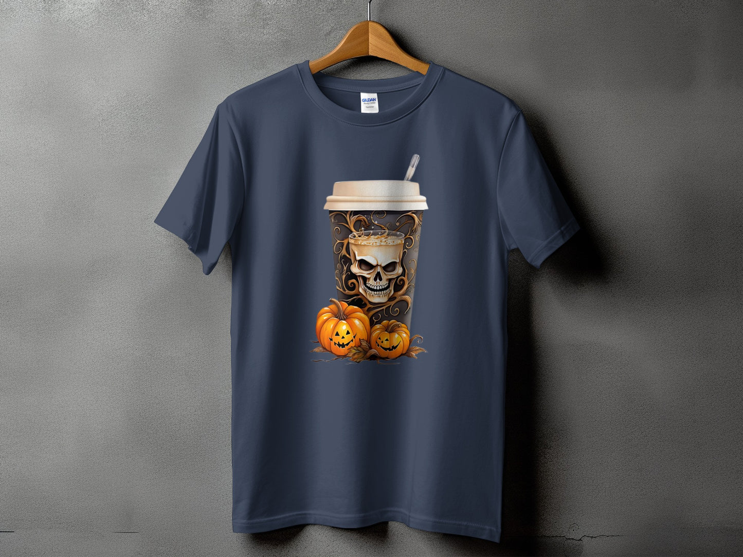 T-shirt with a coffee cup featuring a skull design and two pumpkins.