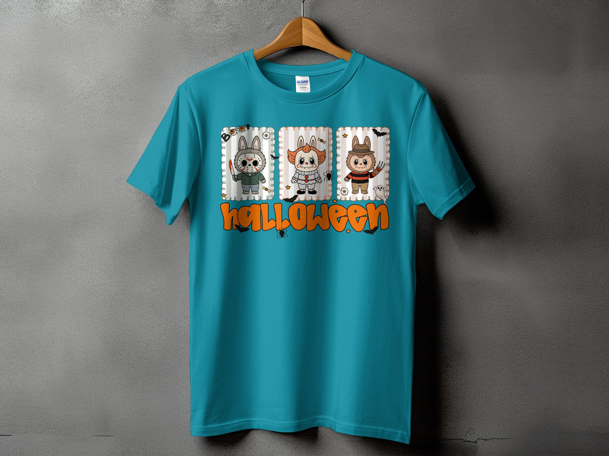 Teal t-shirt with three cartoon Halloween characters and "Halloween" text.