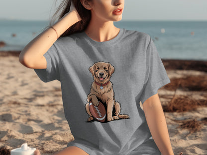 Golden Retriever Holding Football Graphic T-shirt