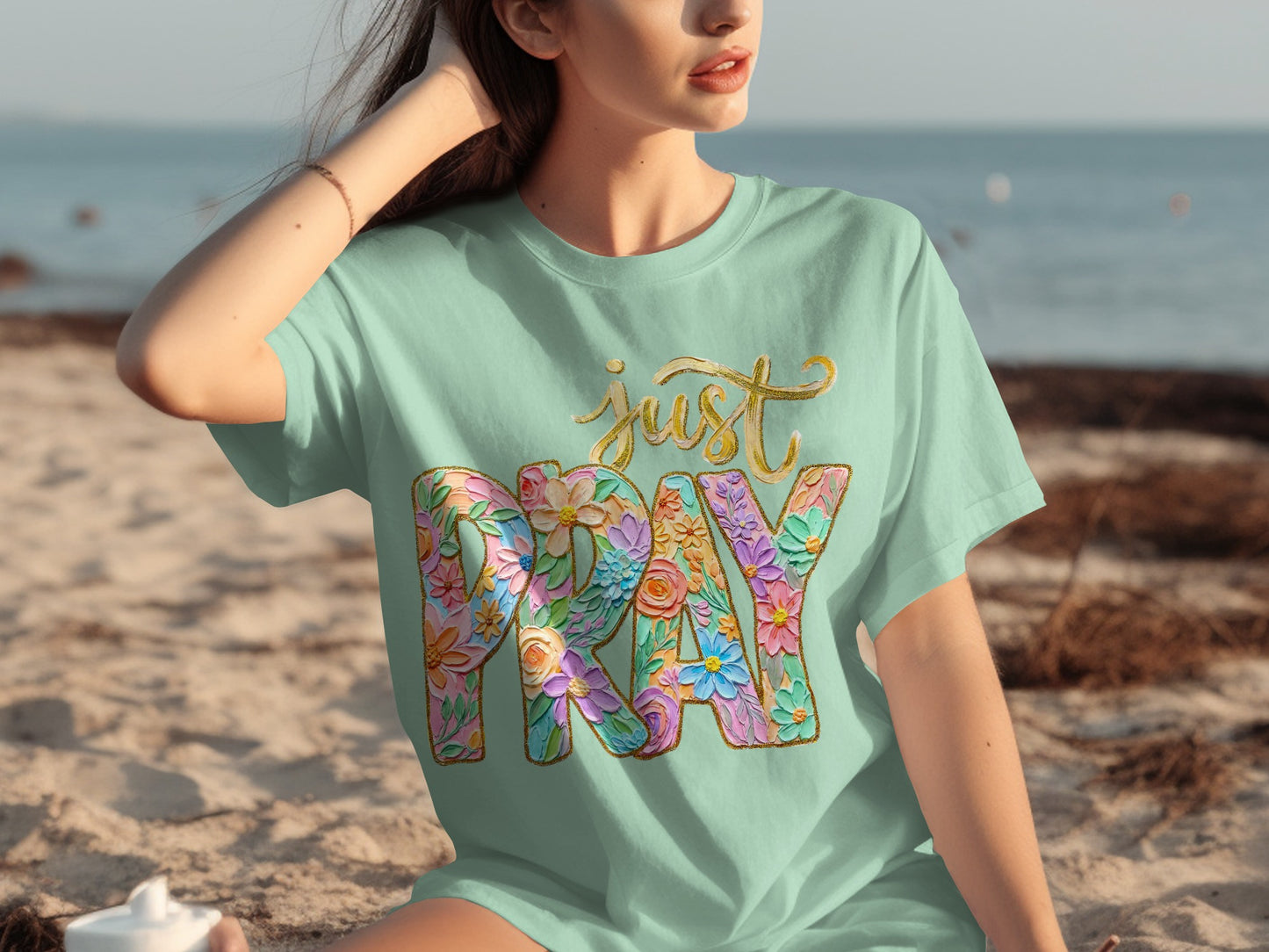 Colorful Just Pray Floral Design Beach T-Shirt