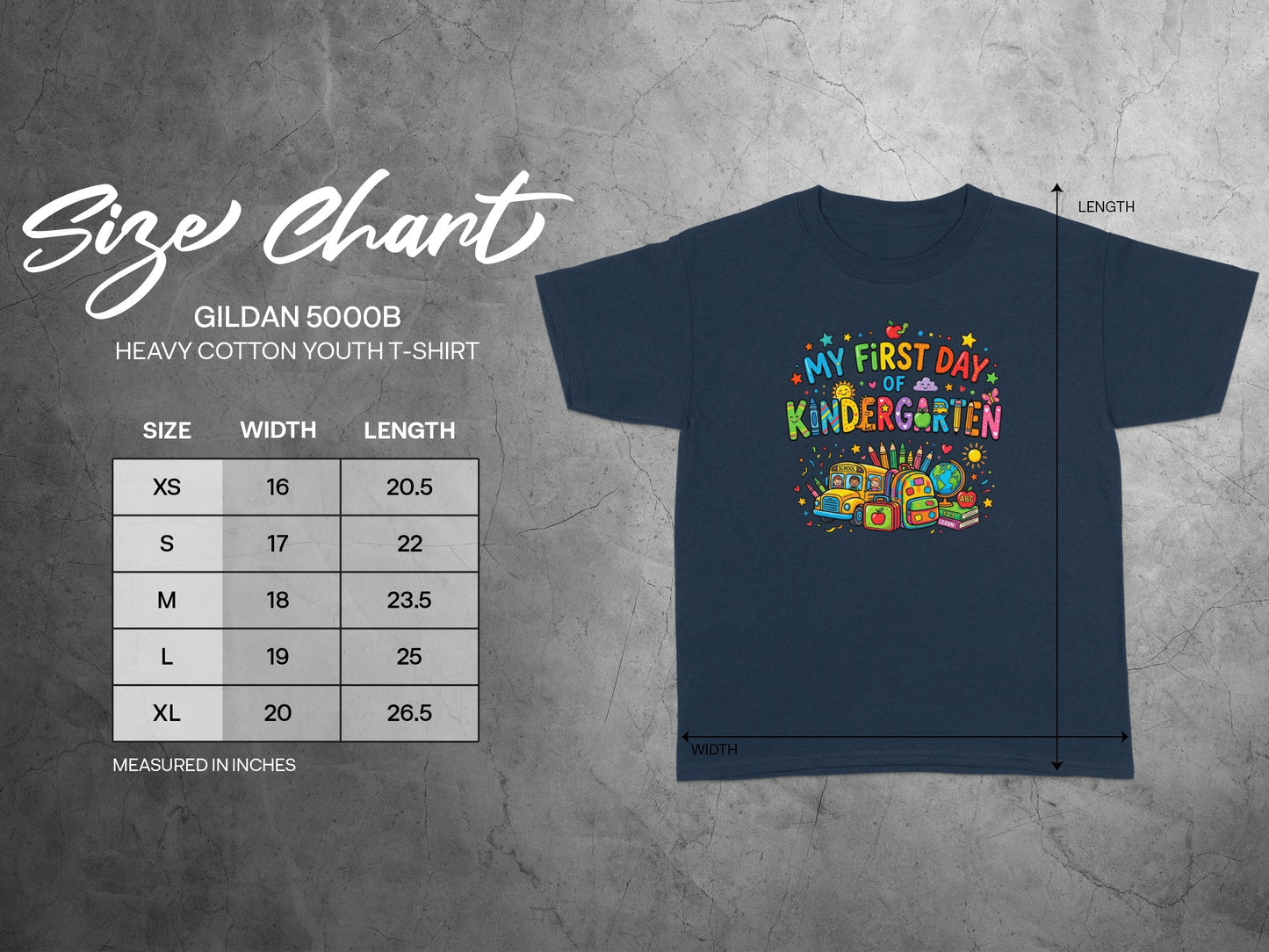Size chart for Gildan 5000B youth t-shirt with "My First Day of Kindergarten" graphic.