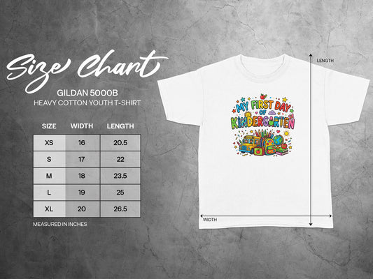 Gildan 5000B youth t-shirt with "My First Day of Kindergarten" graphic and size chart.