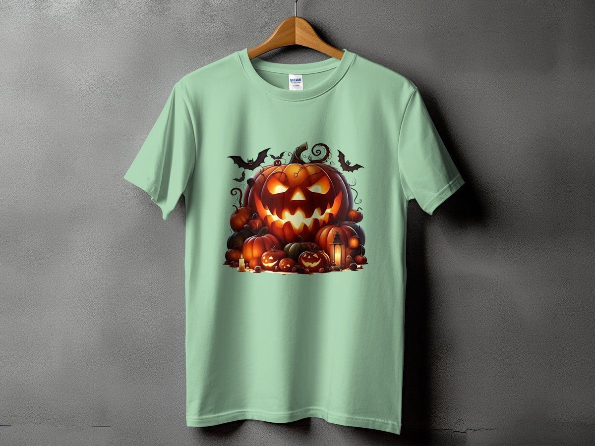 Light green t-shirt with a pile of illuminated jack-o'-lanterns and bats.