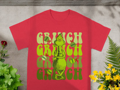 Red t-shirt with "Grinch" text and Grinch illustration.