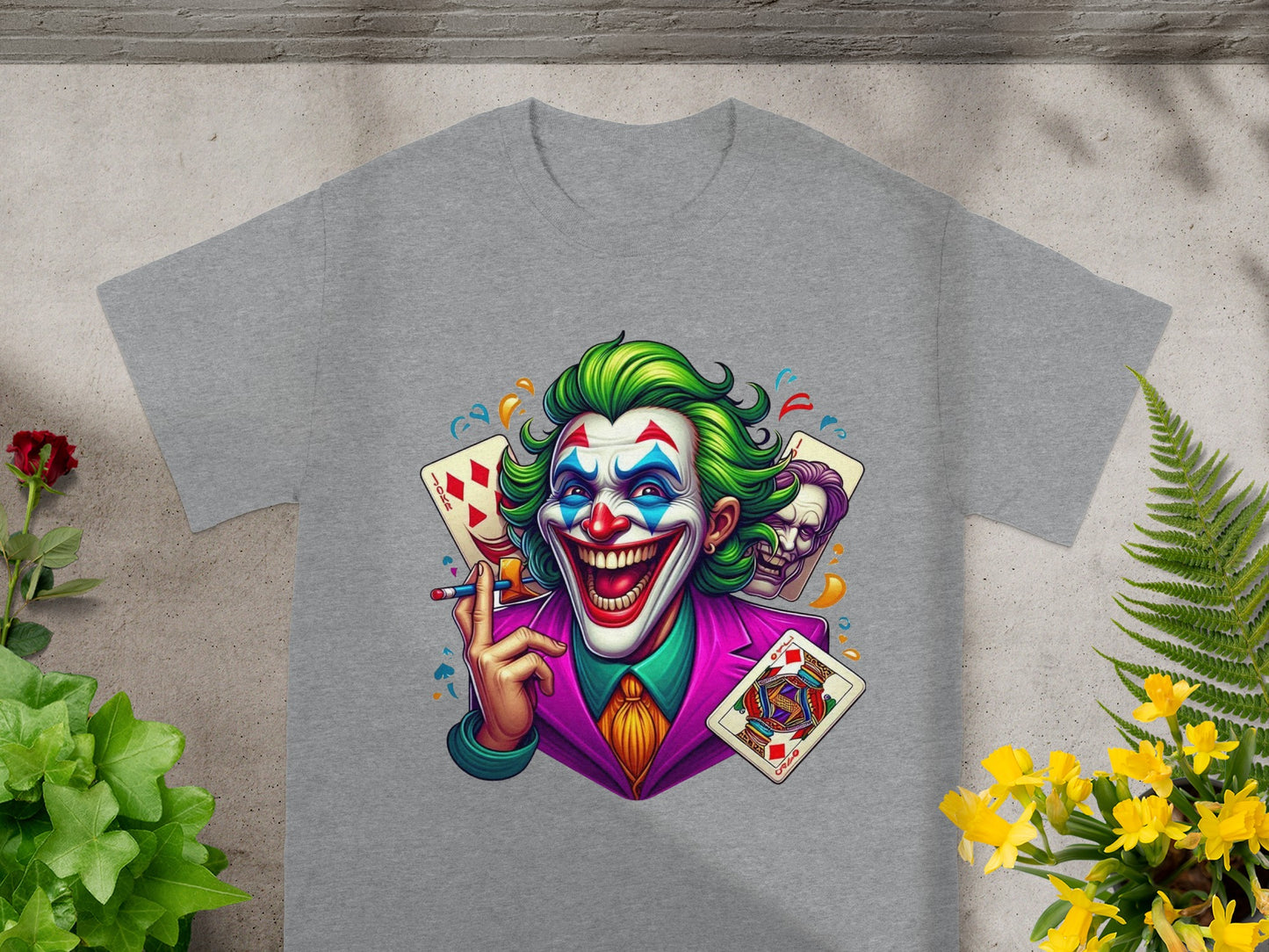 Graphic t-shirt featuring The Joker with playing cards.