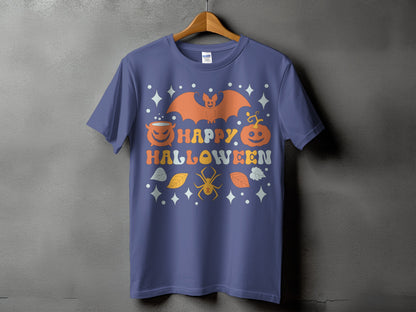 Retro Halloween t-shirt with bat, pumpkin, cauldron, spider, and text.