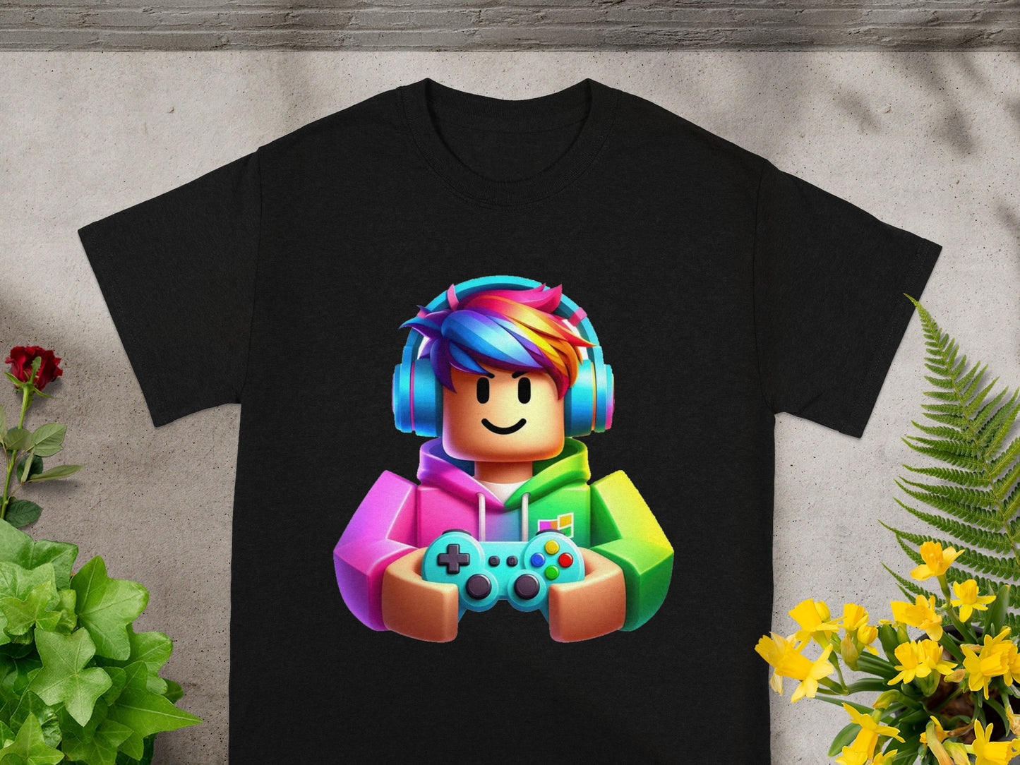 Black t-shirt with animated gamer character wearing headphones and holding a controller.