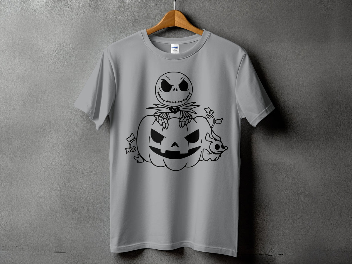 Grey t-shirt with a black graphic of Jack Skellington sitting on a pumpkin.