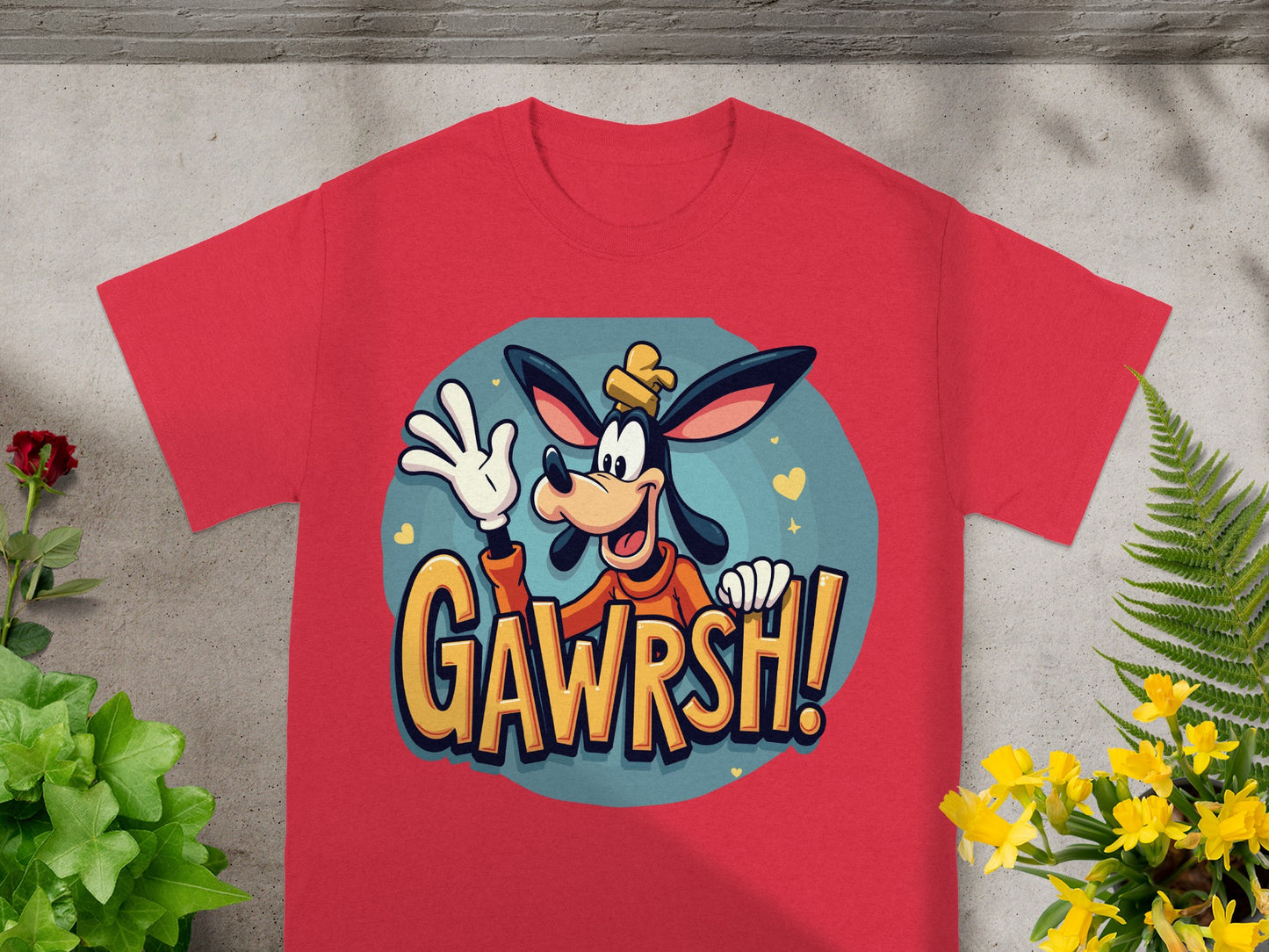 Red t-shirt with Goofy character saying "GAWRSH!"