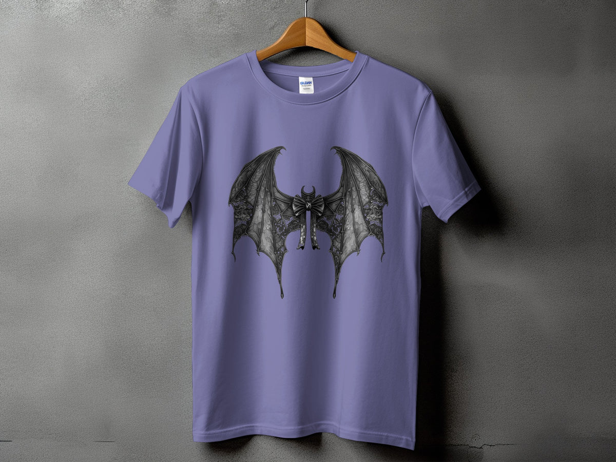 Purple t-shirt with detailed black bat wings and a bow graphic.