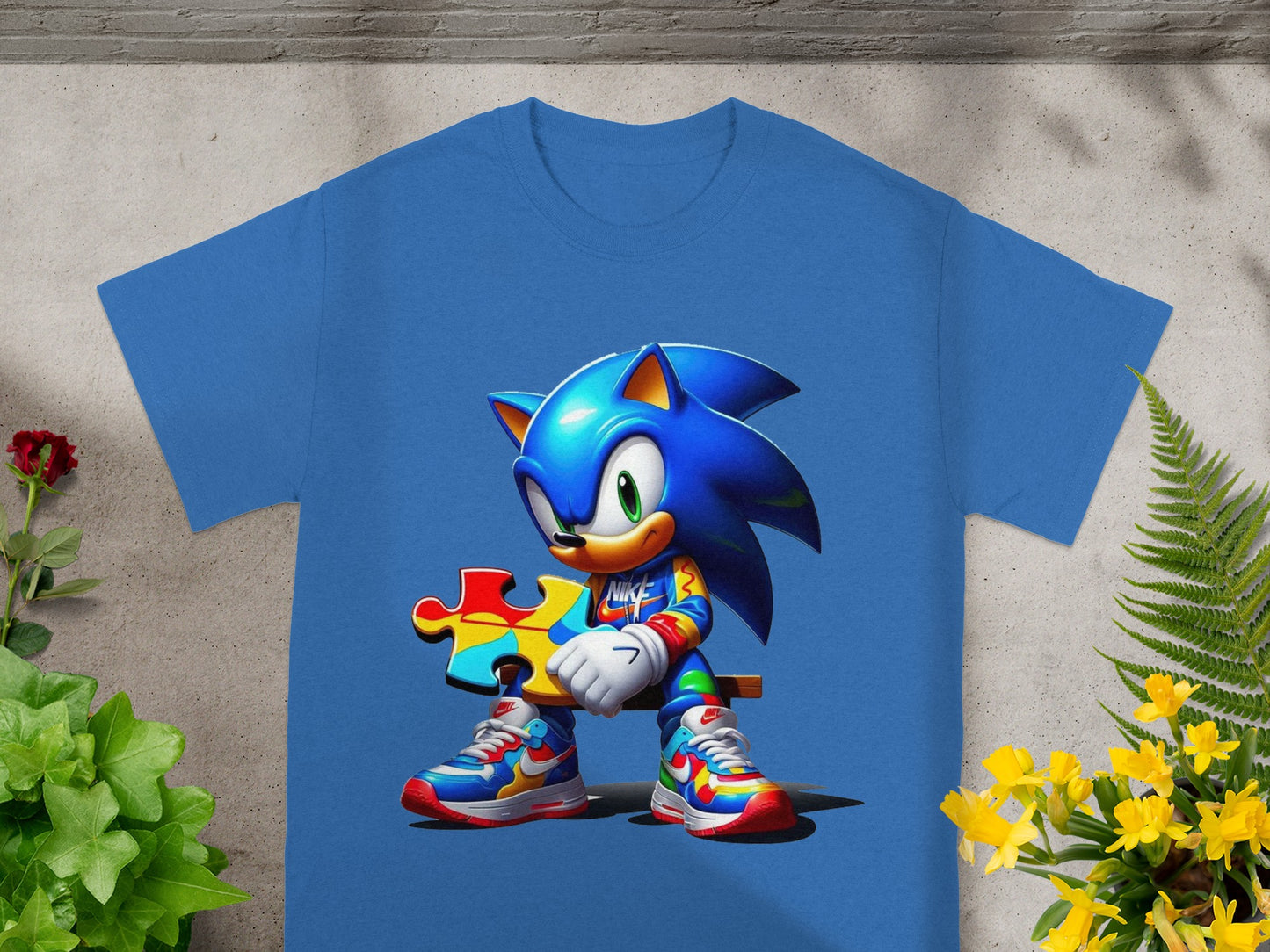 Blue t-shirt with Sonic the Hedgehog character holding a puzzle piece.