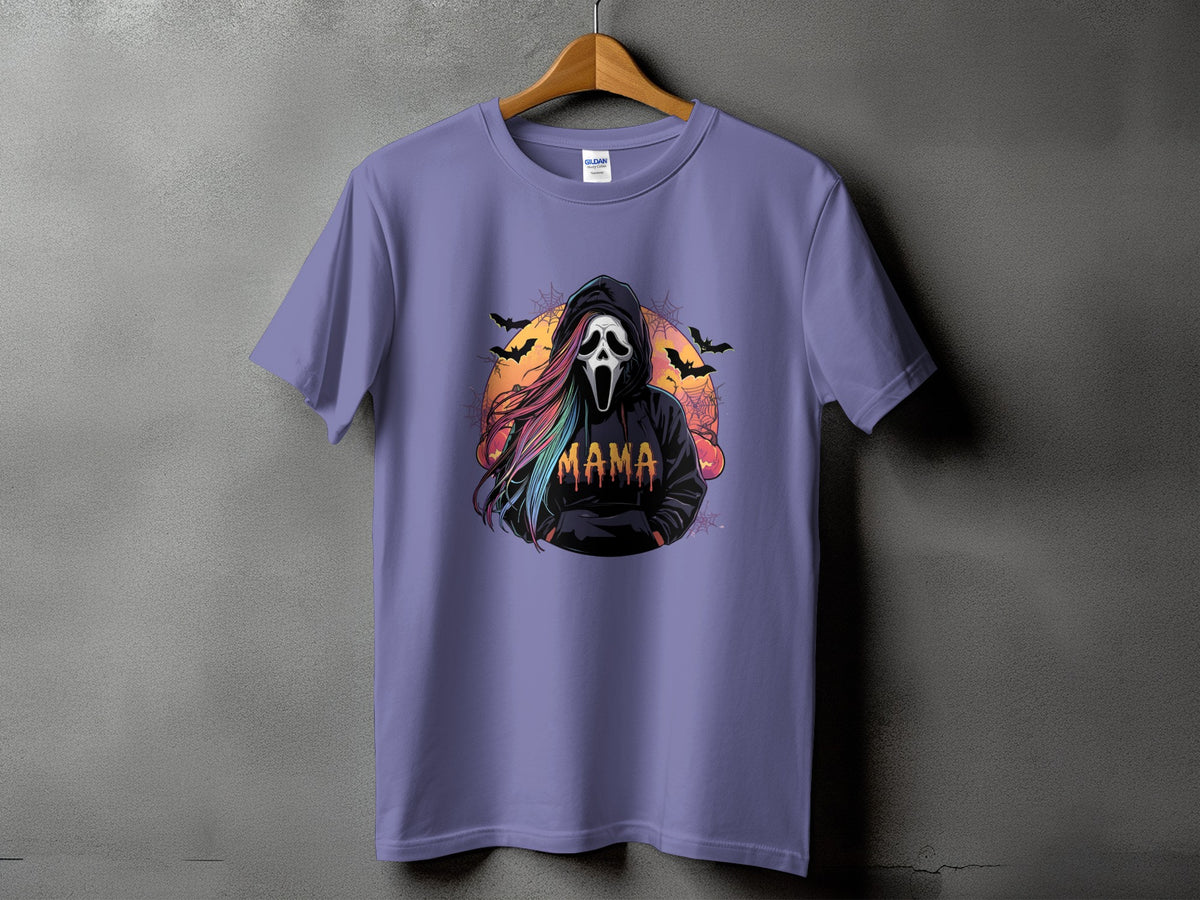 Purple t-shirt with a screaming ghost wearing a hoodie and the word "MAMA".