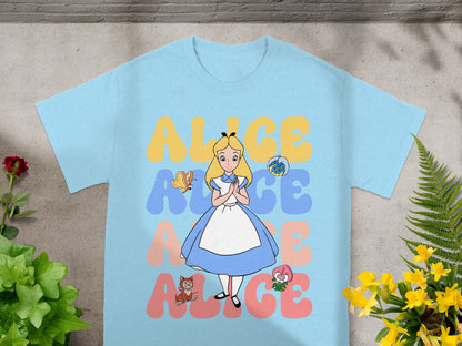 Light blue t-shirt with "ALICE" in colorful letters and Alice in Wonderland characters.
