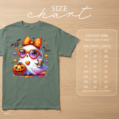 Ghost graphic t-shirt with size chart including width and length measurements in inches.
