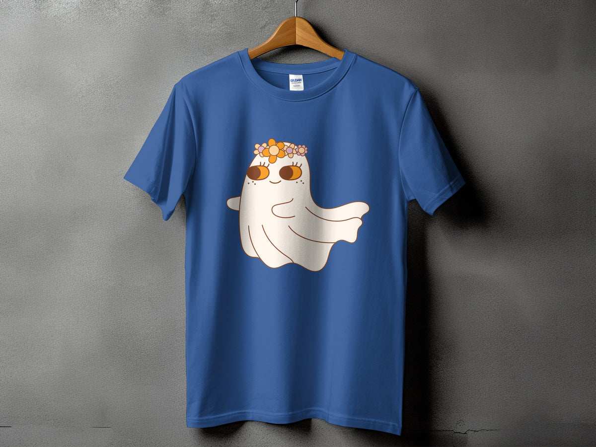 Blue t-shirt with a smiling ghost wearing a flower crown.