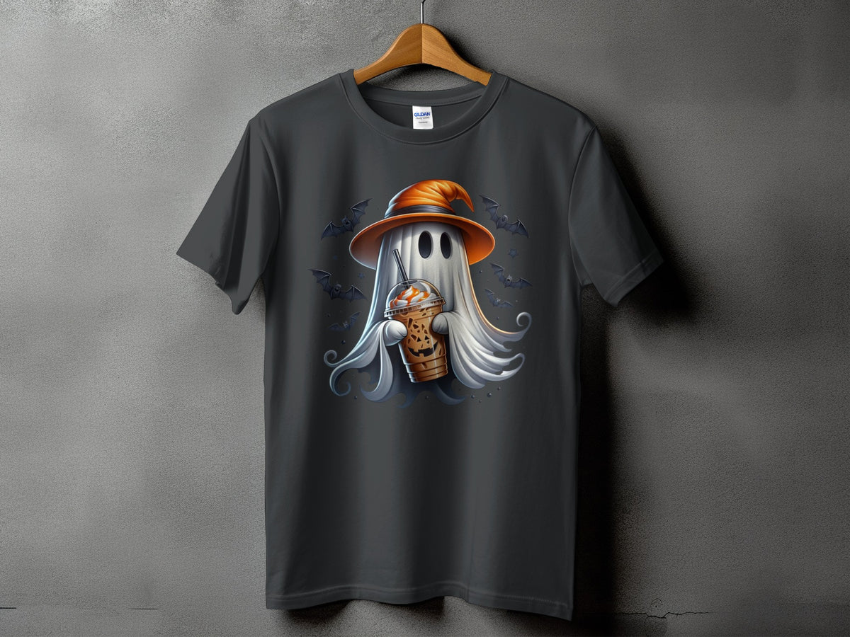 Ghost with witch hat holds coffee cup surrounded by bats and swirls.