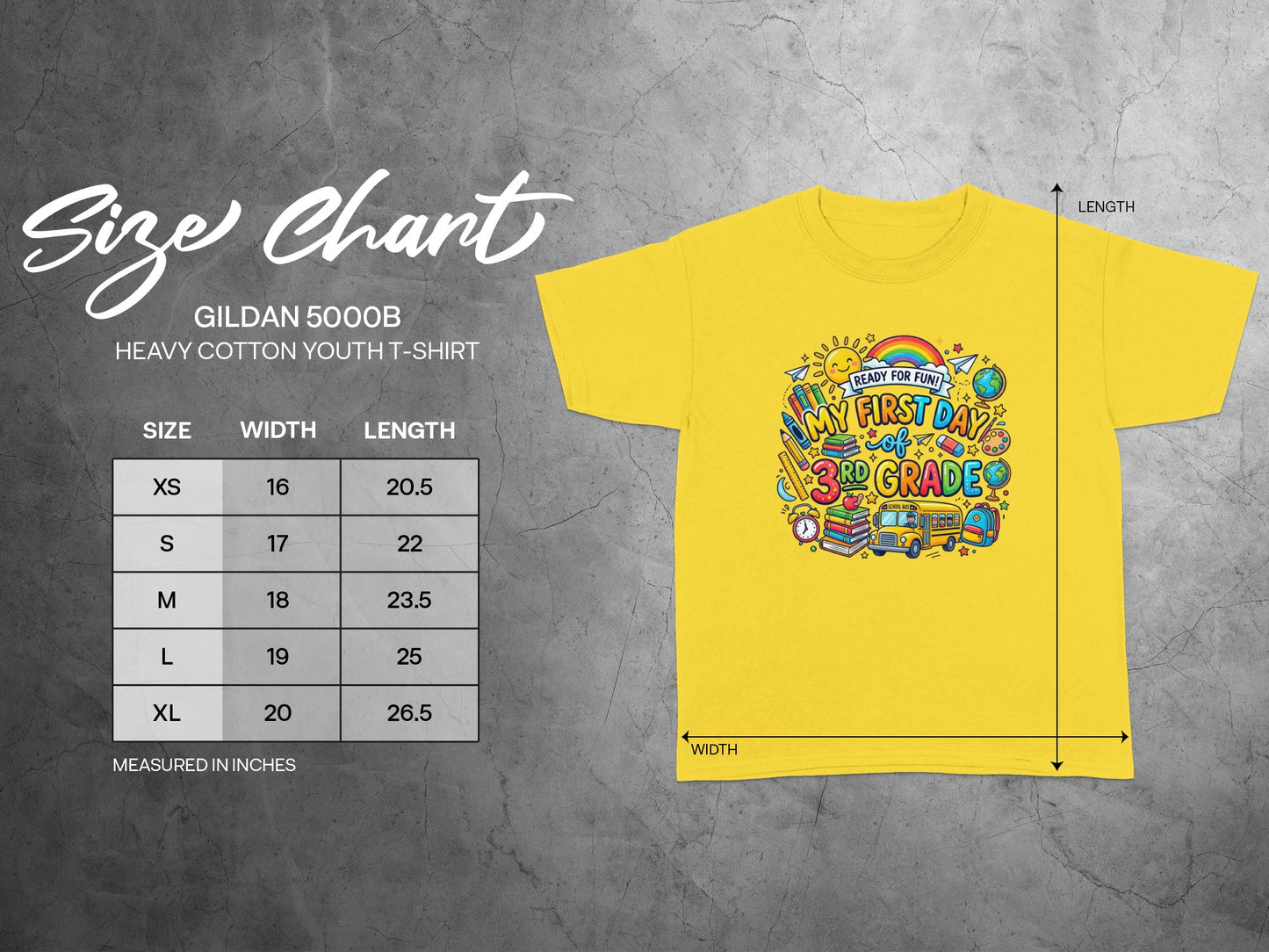 Gildan 5000B youth t-shirt size chart with "My First Day of 3rd Grade" graphic.