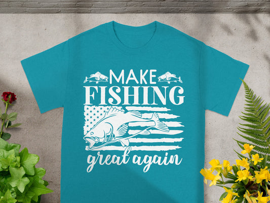 Teal t-shirt with "Make Fishing Great Again" text and a fish on American flag stripes.