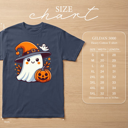 Gildan 5000 size chart with Halloween ghost graphic and pumpkin.