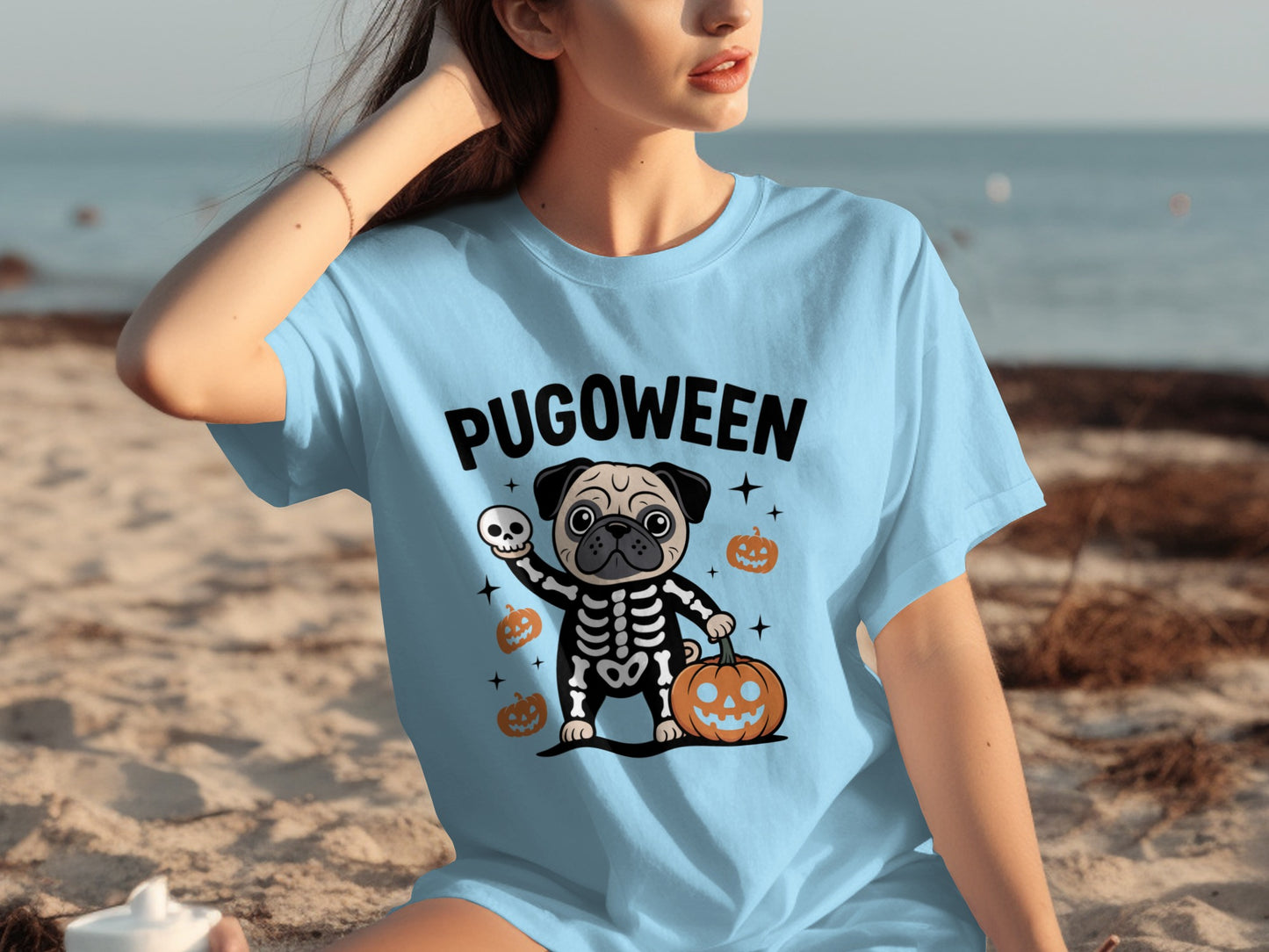 Pugoween Cute Halloween Pug Skeleton Graphic T-Shirt