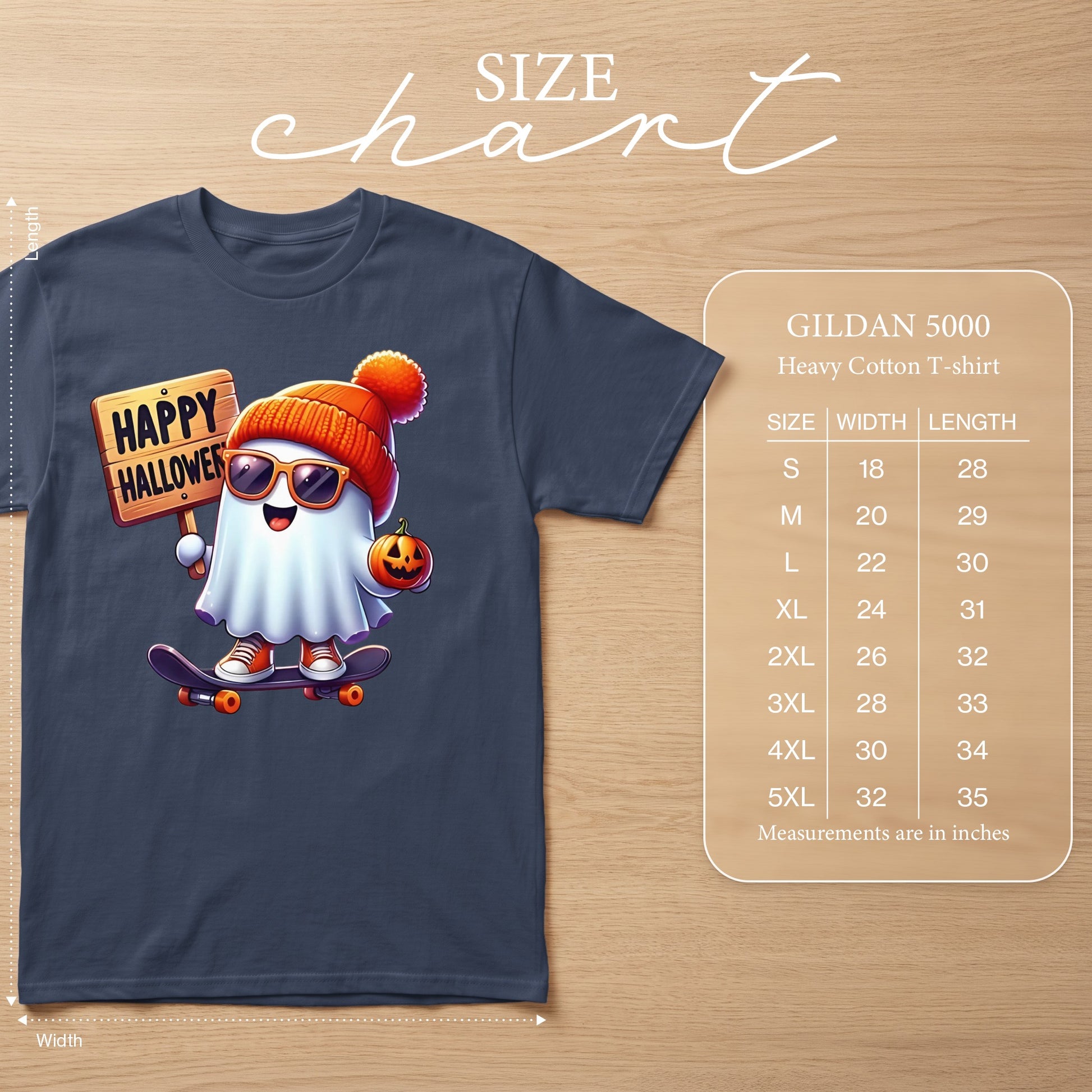 Navy t-shirt with cartoon ghost on skateboard holding Halloween sign and pumpkin.
