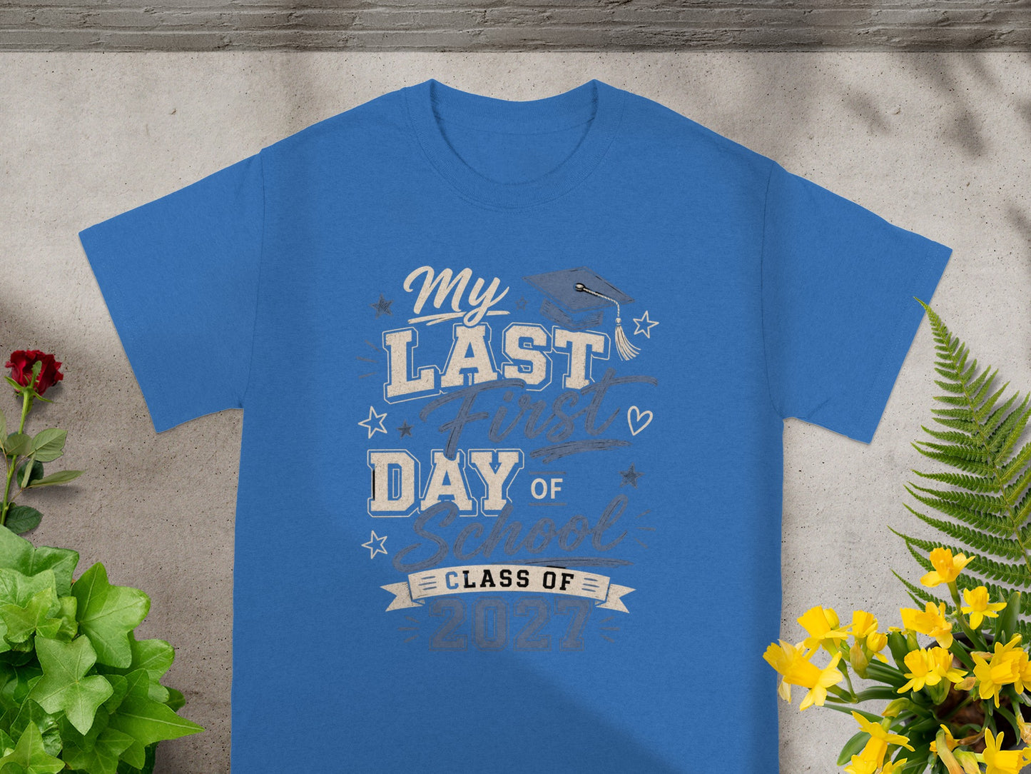 Blue t-shirt with "My Last First Day of School Class of 2027" text.