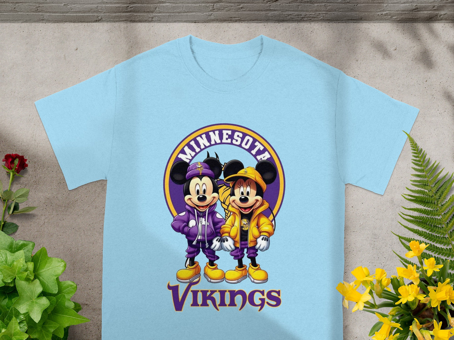 Mickey and Minnie Mouse wear Minnesota Vikings jerseys.