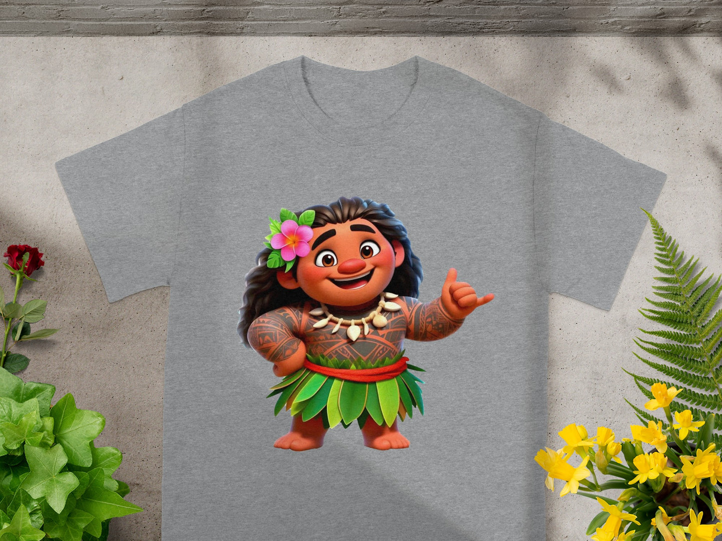 Moana character in traditional attire, giving a thumbs up, on a gray t-shirt.
