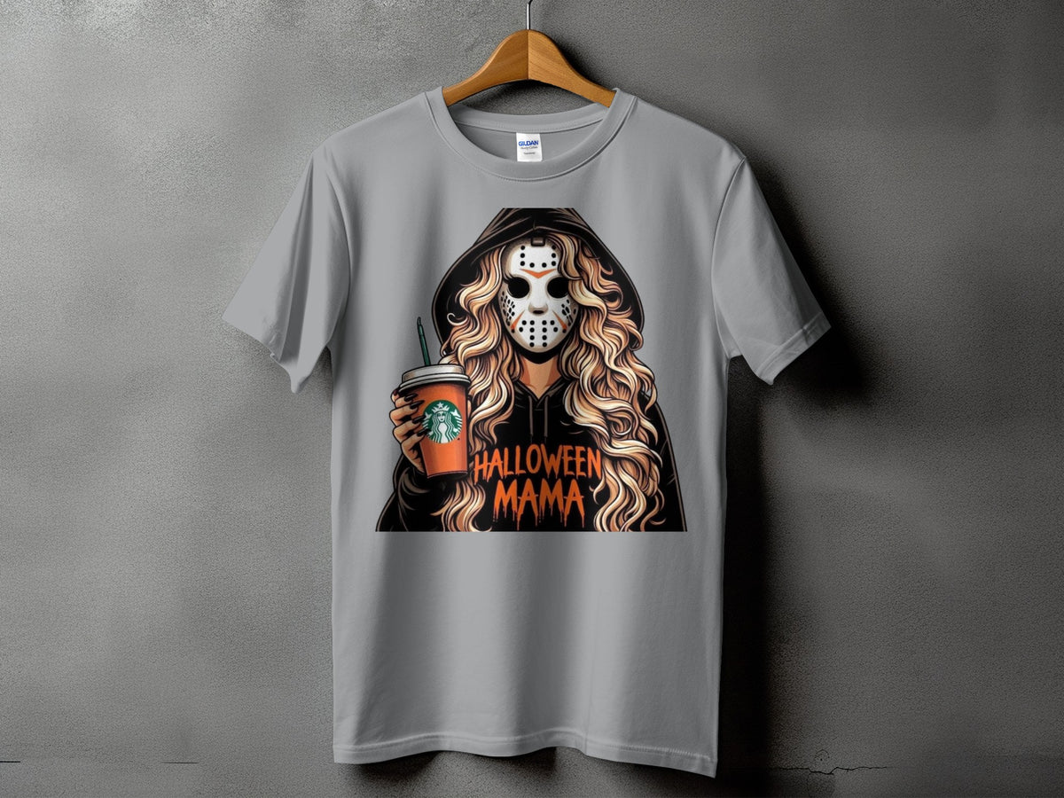 T-shirt graphic of a woman in a hockey mask holding a coffee cup, with "Halloween Mama" text.