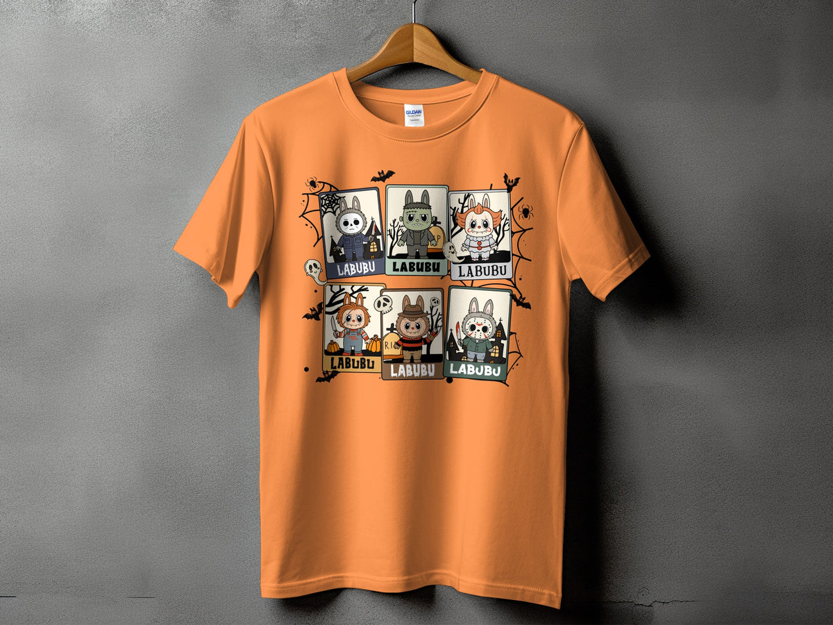 Orange t-shirt with six Halloween-themed "Labubu" character panels.